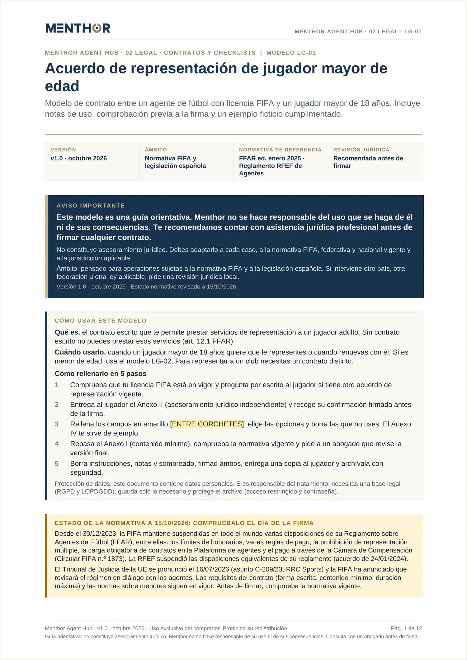 Modelo de acuerdo de representación de jugador mayor de edad