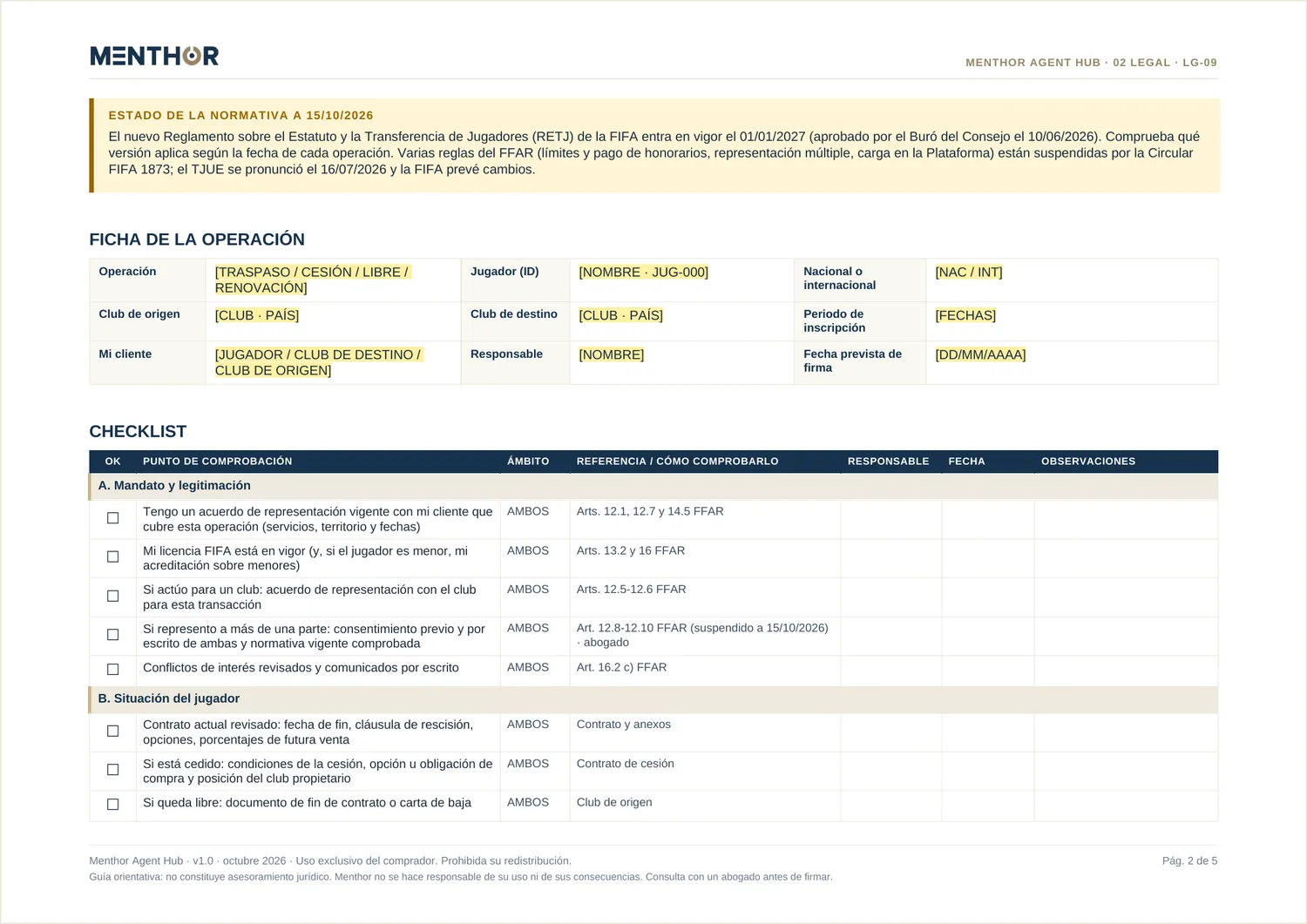 Checklist de fichaje nacional e internacional