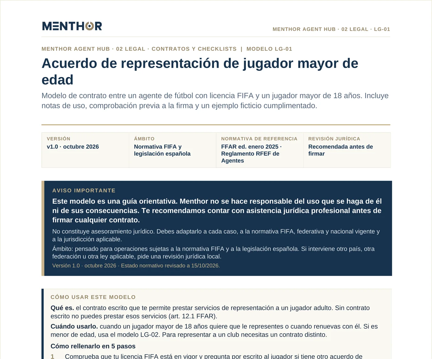 Modelo de acuerdo de representación de jugador mayor de edad