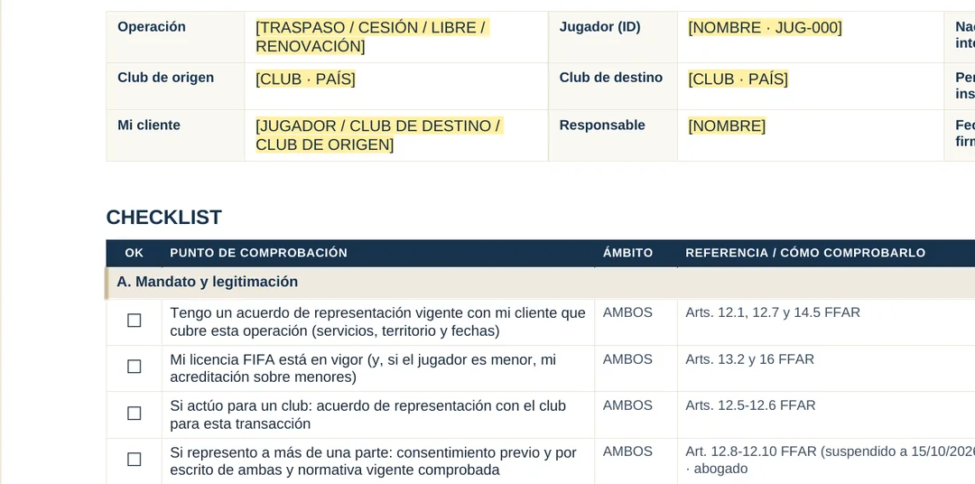Checklist de fichaje nacional e internacional